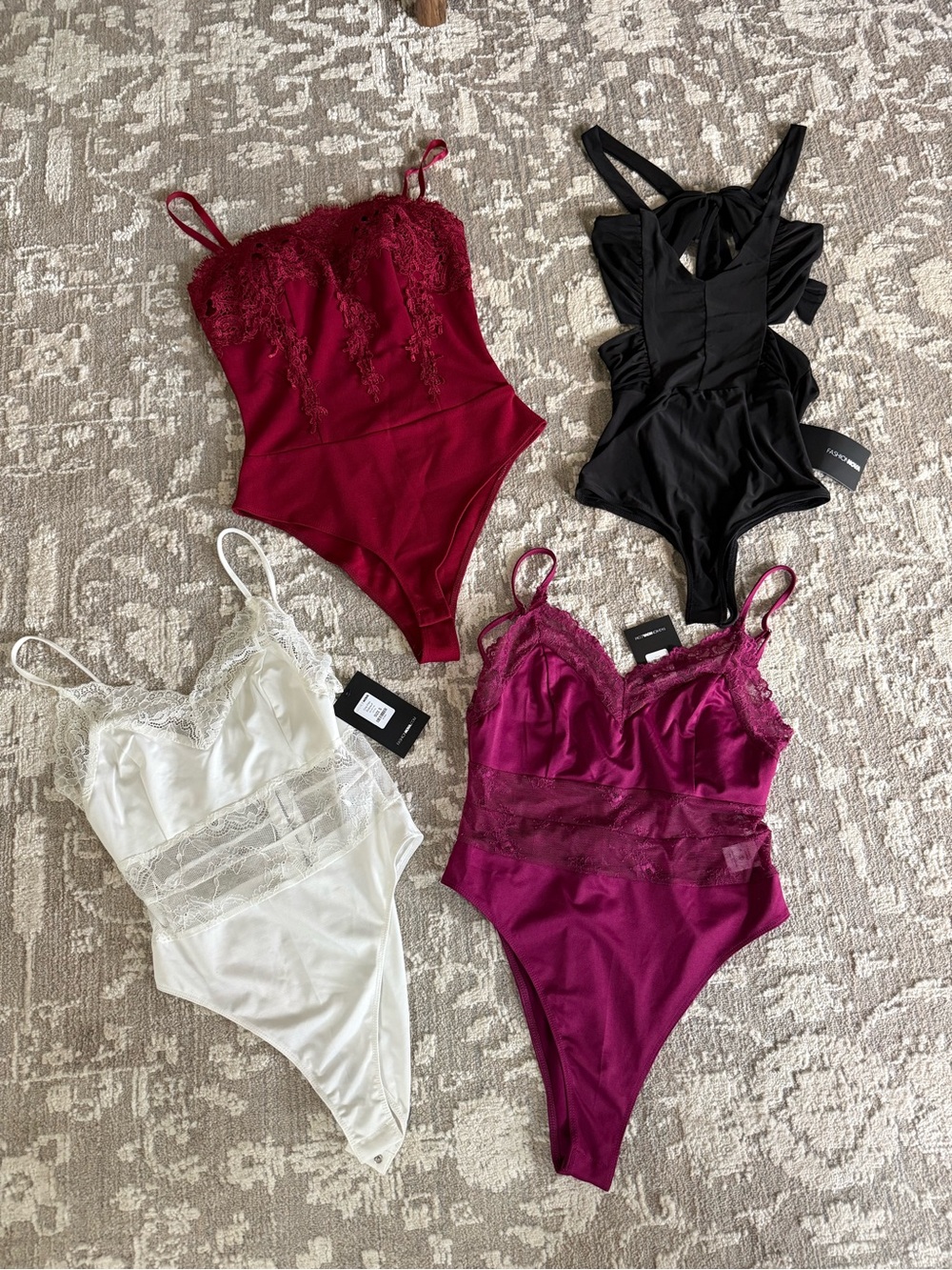 NWT Fashion Nova Lace Trim Bodysuits - Red, Black, White, Magenta